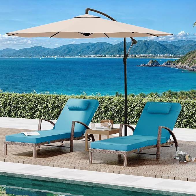 GarveeLife 2-Piece Rattan Patio Folding Chaise Lounge, 5-Position Adjustable Backrest Outdoor Lounge Chair with Cushion and Pillow for Poolside, Backyard, Deck, Porch, Peacock Blue