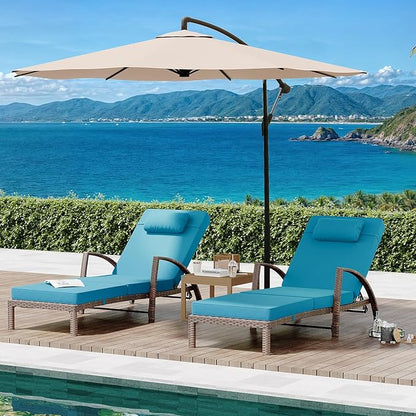 GarveeLife 2-Piece Rattan Patio Folding Chaise Lounge, 5-Position Adjustable Backrest Outdoor Lounge Chair with Cushion and Pillow for Poolside, Backyard, Deck, Porch, Peacock Blue