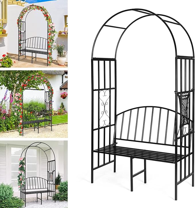 Garden Arch Heavy Duty Arbor with Bench Holds 660lbs Metal Arbor Archway for Climbing Plant & Two People Seat Bench Outdoor Lawn Backyard Decor, Black