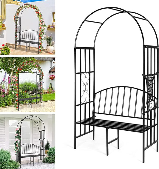 Garden Arch Heavy Duty Arbor with Bench Holds 660lbs Metal Arbor Archway for Climbing Plant & Two People Seat Bench Outdoor Lawn Backyard Decor, Black