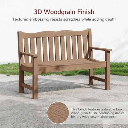 Stoog Outdoor Benches Set of 2, 2-Person Poly Lumber Garden Bench with Real Wood Look, Never Fade & Rust-Proof, All-Weather for Patio, Porch, Deck, and Backyard, Teak