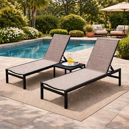 Kozyard 3Pieces Outdoor Chaise Lounge, Aluminum Frame and Textilene Fabric, Adjustable Reclining Patio Lounger for Poolside, Sunbathing & Backyard (Beige, 2Chairs with Table)