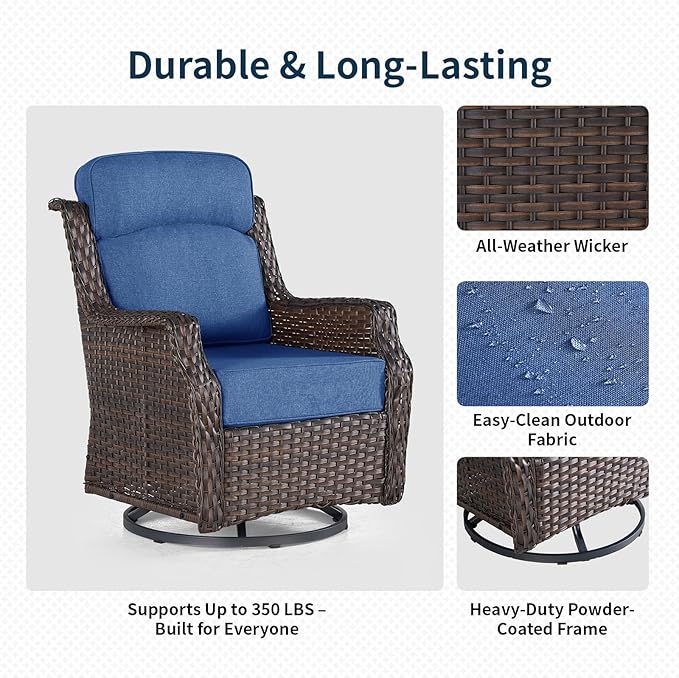 Outdoor Wicker Swivel Rocker Chair with 6-Inch Thick Cushions, High Back Patio Glider Chair, 360° Swivel & Rocking Motion for Porch, Deck, Balcony, Poolside, Brown/Blue