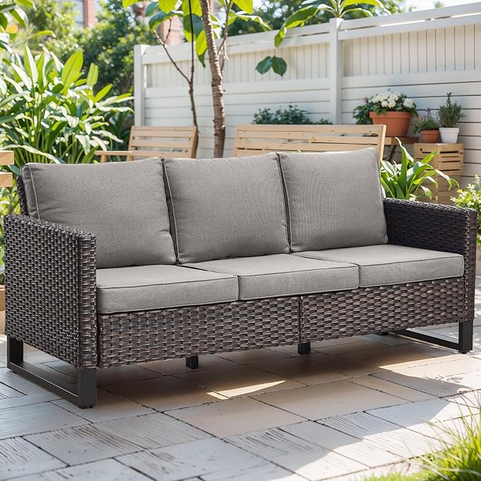 Rilyson Wicker Outdoor Couch Patio Sofa - 3 Seater Rattan Outdoor Patio Couch with Waterproof Wicker,Comfortable Cushions and Sturdy Metal Frame for Outside Porch Deck Backyard(Brown/Grey)
