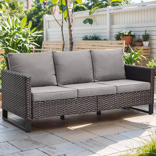 Rilyson Wicker Outdoor Couch Patio Sofa - 3 Seater Rattan Outdoor Patio Couch with Waterproof Wicker,Comfortable Cushions and Sturdy Metal Frame for Outside Porch Deck Backyard(Brown/Grey)