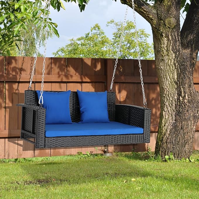 4FT Wicker Porch Swing for 2 Person, 800lb Capacity Outdoor Hanging Bench with Removable Cushions - Photo 9