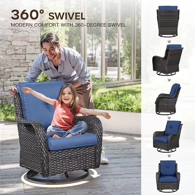 Patio Loveseat Glider Set, Resin Wicker Loveseat Glider with 2 Swivel Patio Chiars and Coffee Table, 4 Piece Patio Bistro Set Furniture Set Loveseat Set, Brown Wicker|Blue Cushions