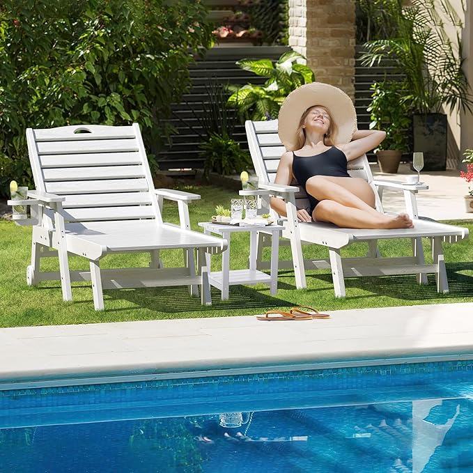 nalone Outdoor Chaise Lounge Chair Set of 2 with Wheels & Cup Holder, HDPE Pool Lounge Chairs with 5-Position Adjustable Backrest Supports Up to 400 LBS for Patio Poolside Deck Beach Backyard (White)