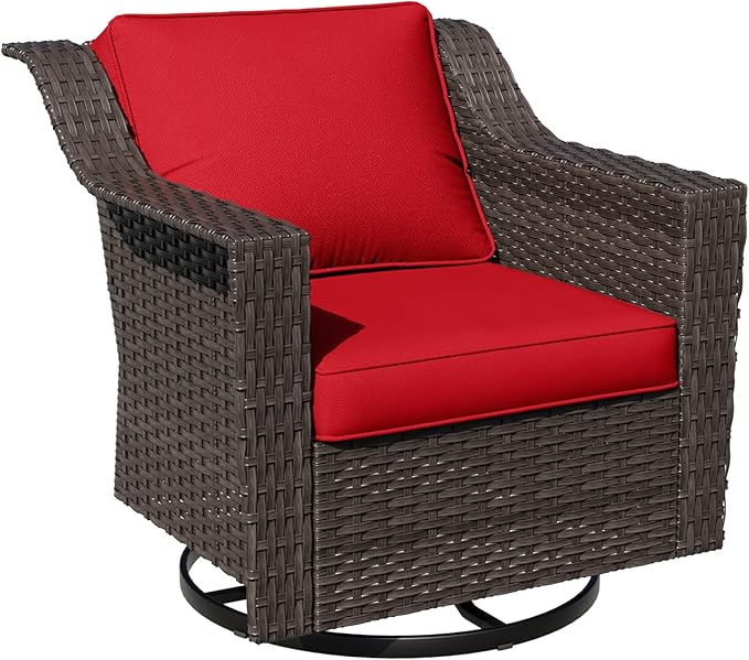 Outdoor Furniture Swivel Chair, Patio Glider Wicker Rocker Seating with Cushions for Porch Deck Balcony (Red) - Photo 6