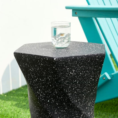 Glitzhome Outdoor Side Table Set of 2, 17.75" H Decorative Garden Stool MGO Twist Faux Terrazzo End Table, Round Planter Stand for Indoor Outdoor Living Room Bedroom Patio Deck Poolside, Black