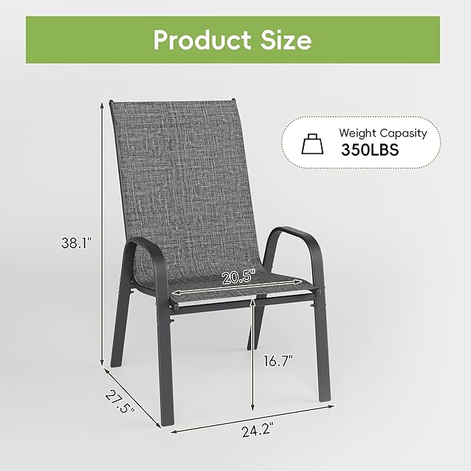 Patio Chairs Set of 2, Outdoor Dining Chairs Stackable for All Weather, Breathable Metal Modern Outside Furniture Chair for Pool Side, Garden, Backyard Deck, Dark Grey