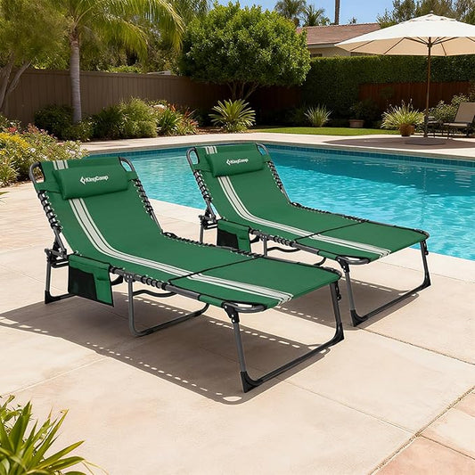 KingCamp 2 Pack Folding Lounge Chair Outdoor, Tanning Chair with Face Hole Comfy Adjustable 5-Position Foldable Chaise Chaser Lounger for Outside Beach Patio Sun Bathing Pool, Green/White