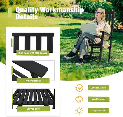 Greesum Outdoor Rocking Chairs Set of 2, Acacia High Back Oversized All-Weather Lounge Rocker with 320 lbs of Support for Patio, Garden, Deck, Porch,Black