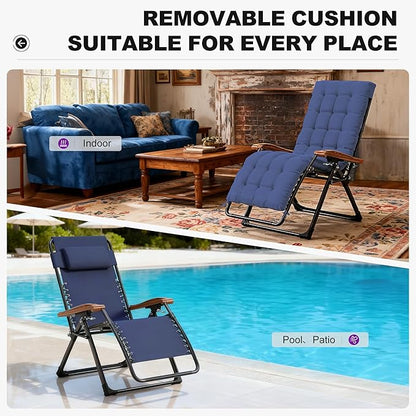 PURPLE LEAF Oversized Outdoor Reclining Chair Patio Zero Gravity Chaise Lounge Folding Chair with Removable Cushion Adjustable Headrest for Lawn Camping Beach Pool Navy Blue