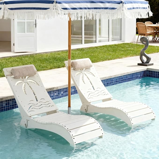 in Pool Lounge Chairs Set of 2, HDPE Pool Chaise Loungers for Sun Shelf up to 9 Inches, Fade-Resistant, 3-Position Adjustable Backrest with Headrest, Ergonomic Poolside Lounger, White
