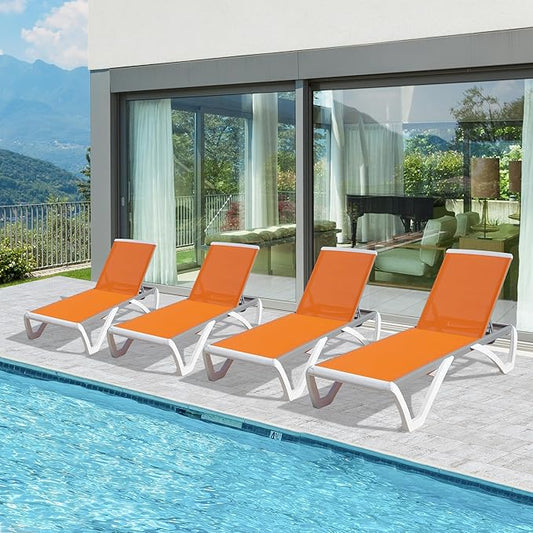 Domi Outdoor Lounge Chairs Set of 4, Aluminum Lounge Chairs for Outside with 5 Position Adjustable Backrest, Outdoor Chaise Lounge for Beach, Yard, Balcony, Poolside, Orange