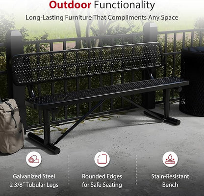 Leisure Craft Metal Outdoor Bench with Back - 6 Foot Heavy Duty Bench Seating for Garden, Porch, Picnic, Park, Expanded Metal, Thermoplastic Coating, Commercial Grade Furniture Made in USA - Black