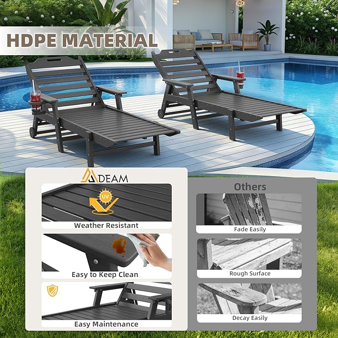 Mdeam 6-Position Pool Lounge Chairs Set of 2, 24" W Oversized Sun Tanning Chair, 500LBS Capacity - Photo 7