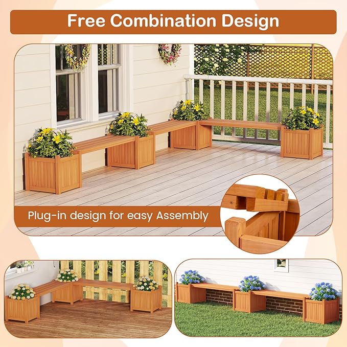 2-in-1 Outdoor Planter Box with Bench, Outdoor Bench with 2 Raised Garden Beds, Open-Ended Base Planter Box - Photo 8