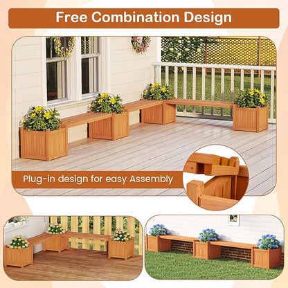 2-in-1 Outdoor Planter Box with Bench, Outdoor Bench with 2 Raised Garden Beds, Open-Ended Base Planter Box, Teak Oil Finish Wood Seat, Garden Bench Seat for Porch Balcony Lawn Yard