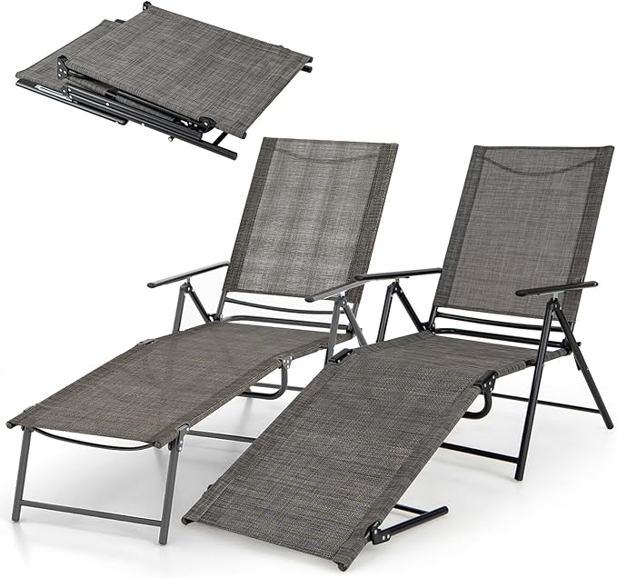 Giantex Lounge Chair Outdoor Set of 2 - Tanning Chair with 6 Adjustable Backrest, 2-Level Footrest, Folding Sunbathing Lounger for Patio, Poolside, Yard, Chaise Lounge Chair, Beach Chair (Brown)