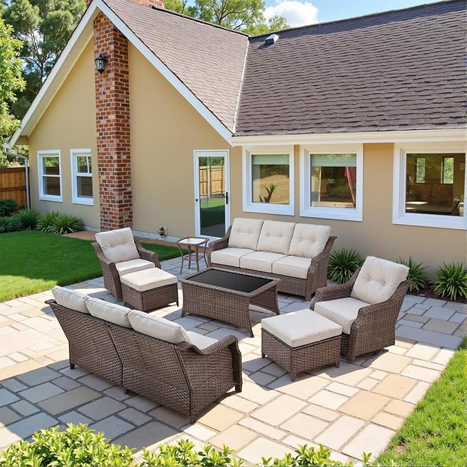 Belord High Back Wicker Outdoor Furniture - 8-Piece Patio Conversation Set with Swivel Rocker Glider Patio Chairs Set - Photo 1