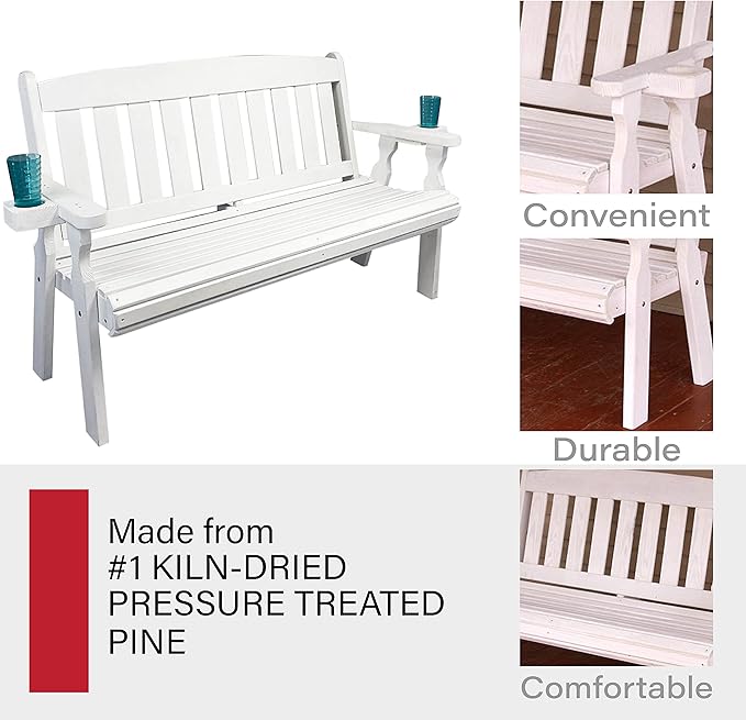 Amish Casual Heavy Duty 800 Lb Mission Pressure Treated Garden Bench with Cupholders (5 Foot, Semi-Solid White Stain)