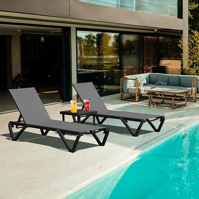 Domi Pool Lounge Chairs Set of 2 with Side Table, Aluminum Outdoor Chaise Lounge with Wheels - Photo 1