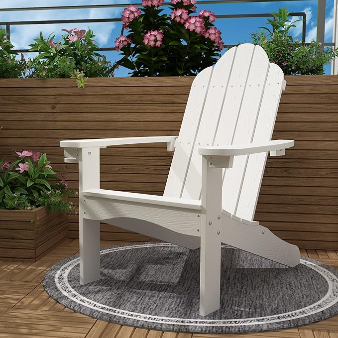 LUE BONA HDPS Adirondack Chairs, 1 Chair, Long-Lasting All-Season Outdoor Patio, Hidden Cup Holder, 350 LBS, White