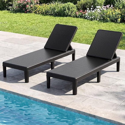 Tangkula Outdoor Chaise Lounger Chair Set of 2, 4-Position Reclining Chair with Waterproof Rattan Textured PP Surface, 330 lbs Capacity & Easy Assembly for Pool Garden Deck Beach (Black)