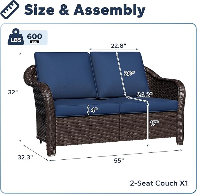 55" Outdoor Loveseat Wicker 2-seat Sofa with Removable Cushions, Conversation Patio Furniture, PE Rattan Couch - Photo 2