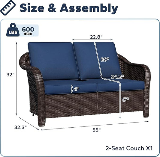 55" Outdoor Loveseat Wicker 2-seat Sofa with Removable Cushions, Conversation Patio Furniture, PE Rattan Couch, Steel Frame Couch with Cushions for Backyard, Deck (Navy Blue)