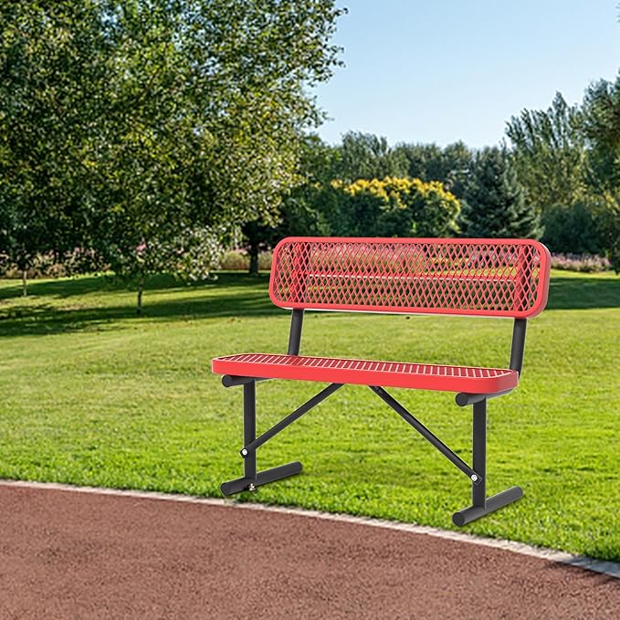 4 Ft Metal Park Bench for Outside, All-Weather Thermoplastic Coating Outdoor Bench with Backrest, Commercial Heavy Duty Benches for Shopping Malls, Stores, Parks, Patios, Decks, Red