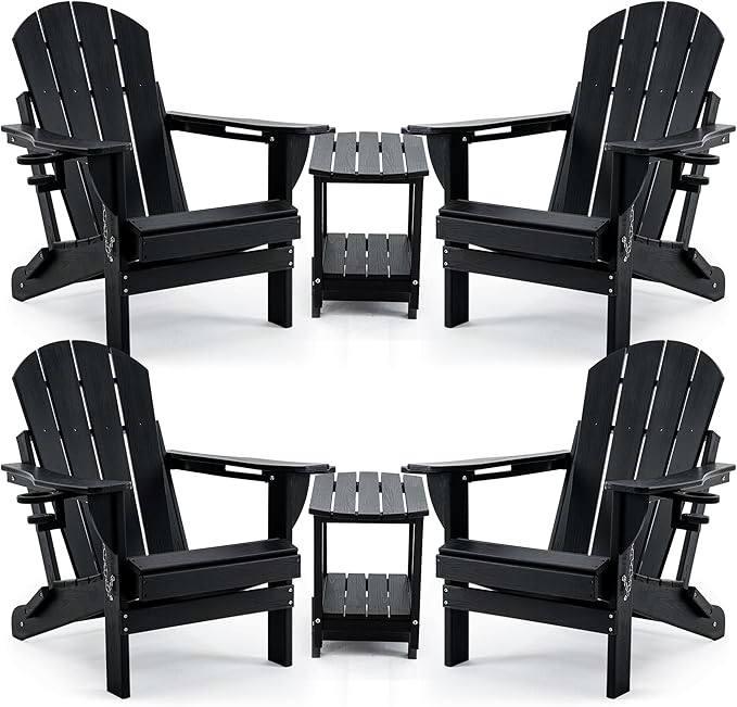 4 Chairs & 2 Tables Folding Adirondack Chair Set with Table – HDPE Weatherproof Outdoor Patio Chairs with Reclining - Photo 1