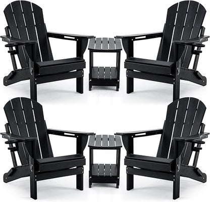 4 Chairs & 2 Tables Folding Adirondack Chair Set with Table – HDPE Weatherproof Outdoor Patio Chairs with Reclining Back and Cup Holders, 2-Tier Storage End Tables for Firepit Garden(Black)