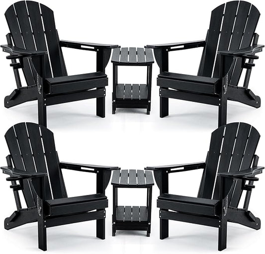 4 Chairs & 2 Tables Folding Adirondack Chair Set with Table – HDPE Weatherproof Outdoor Patio Chairs with Reclining Back and Cup Holders, 2-Tier Storage End Tables for Firepit Garden(Black)