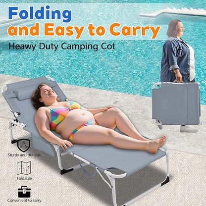 3-in-1 Heavy Duty Tanning Chair with Face Hole Adjustable 5-Position Folding Chaise Lounge Chairs Portable Lay Flat Beach Lounge Chair for Outdoor Sunbathing Patio Pool Lawn Camping Deck (Gray)