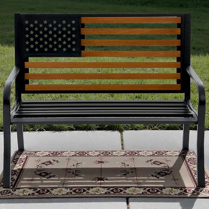 45.7 Inch American Flag Outdoor Bench - Patriotic Stars and Stripes Garden Bench with Heavy Duty Cast Iron Frame & - Photo 6