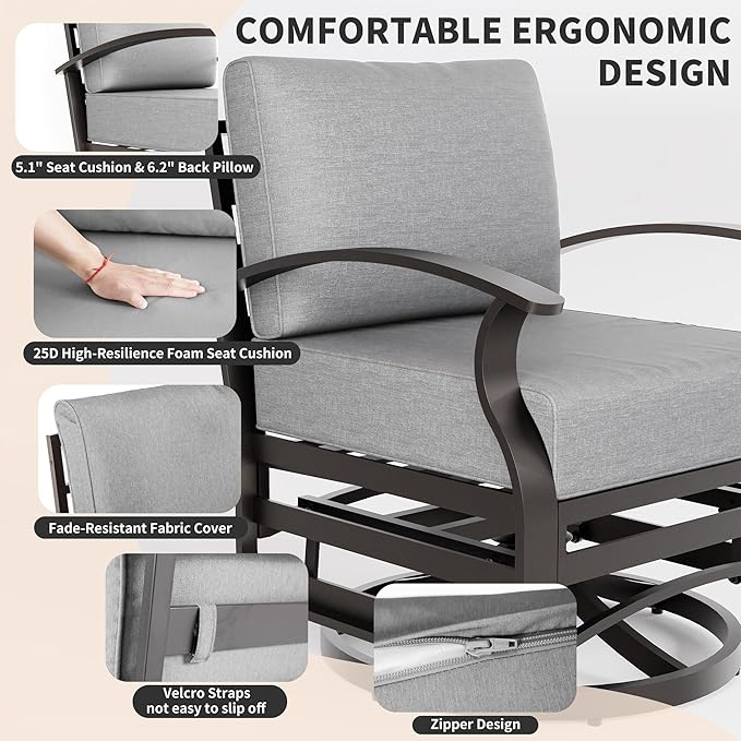 Gotland 2 Piece Patio Set, Metal Outdoor Swivel Chairs Set of 2 with 5.1’’ High-Resilience Seat Cushions 6.2’’ Back Pillow Removable Cushions for Backyard, Lawn, Porch, Grey