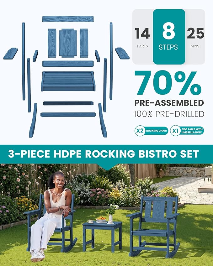 SERWALL Outdoor Rocking Chairs Set of 2 with Side Table, All-Weather HDPE 3 Piece Patio Furniture Set - Photo 5
