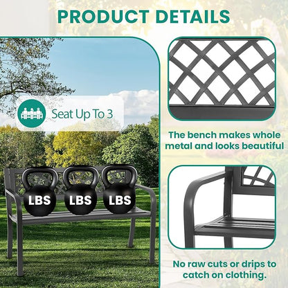 Garden Bench Outdoor Metal Garden Bench Patio Benches with Mesh Pattern Backrest Armrests for Patio Park Lawn Yard,Black
