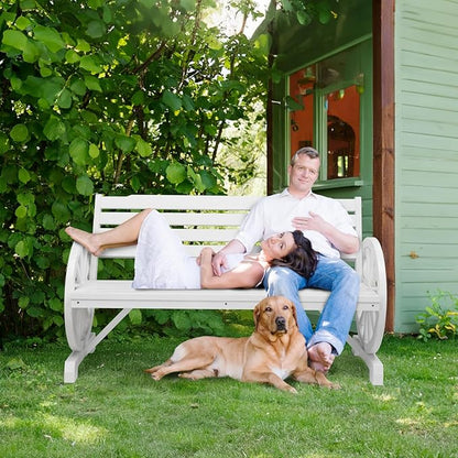 VINGLI 55" Rustic Wooden Wheel Bench Outdoor Bench, 2-Person Patio Bench Wagon Slatted Seat, Garden Benches for Outdoors 350lbs High Capacity, Weather Resistance (White)