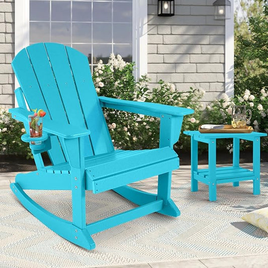 Outdoor Rocking Chairs Set of 4, HDPE Poly All-Weather Patio Rocking Chairs with Cup Holder for Adults, Porch Rocker for Deck Patio Balcony, 440lbs, Turquoise