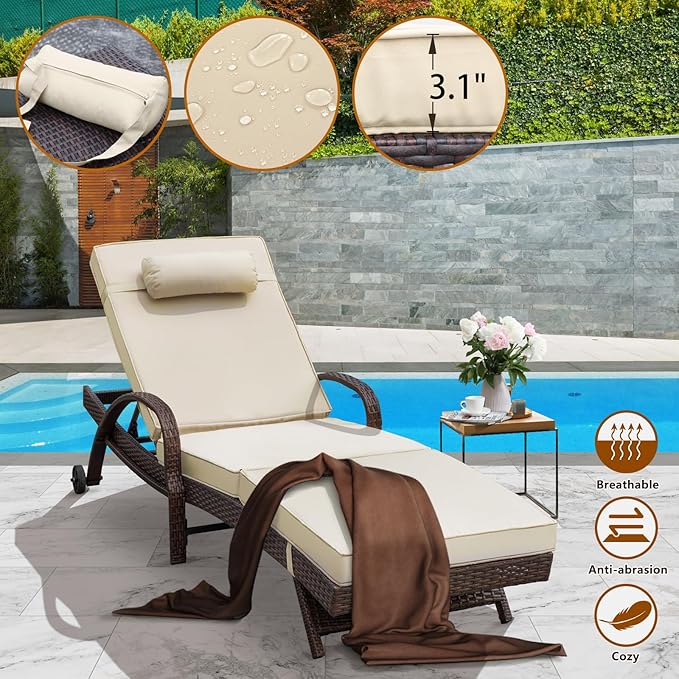 NOBLEMOOD Outdoor Lounge Chairs Set of 4 Beach Wicker Chaise Lounge with Wheels, Cushion, Adjustable Backrest and Pillow for Outside Pool Sun Shelf Tanning Bathing (Khaki)