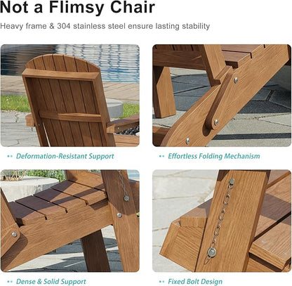HDPE Foldable Adirondack Outdoor Chair Set of 2 with Cup Holder, Weather Resistant Heavy-Duty Patio Chair for Patio, Backyard, Deck, Fire Pit, Lawn and Porch, Teak