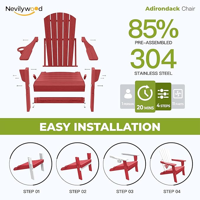 nevilywood Folding Adirondack Chair with Cup Holder,HDPE All-Weather Patio Chairs,Plastic Outdoor Chairs- Looks Exactly Like Real Wood-Red