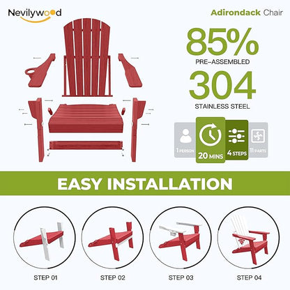 nevilywood Folding Adirondack Chair with Cup Holder,HDPE All-Weather Patio Chairs,Plastic Outdoor Chairs- Looks Exactly Like Real Wood-Red