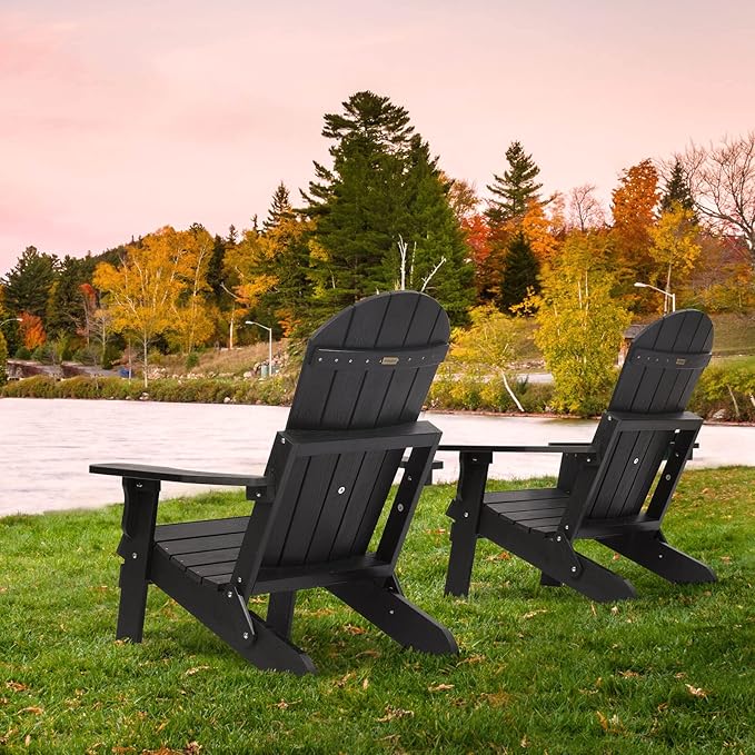 Folding Adirondack Chair, All Weather Resistant Plastic Chairs with Cup Holder, Fold or Unfold Easily in 1 Second, Outdoor Chairs for Patio, Garden, Backyard Deck, Lawn Fire Pit(Black)