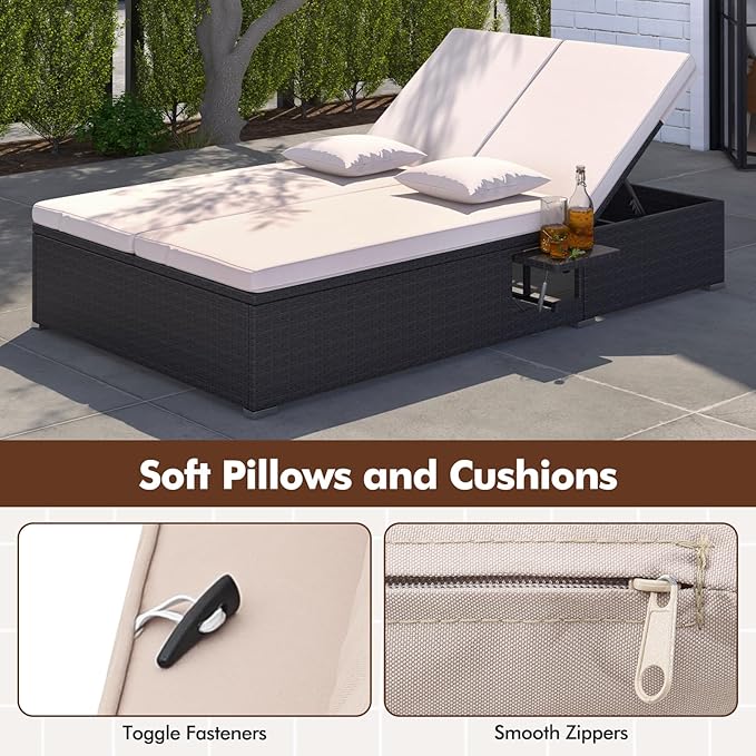 RELAX4LIFE Rattan Outdoor Patio Daybed - Wicker Double Chaise Lounge Chair w/6-Position Backrest, 2 Folding Side Trays - Photo 5