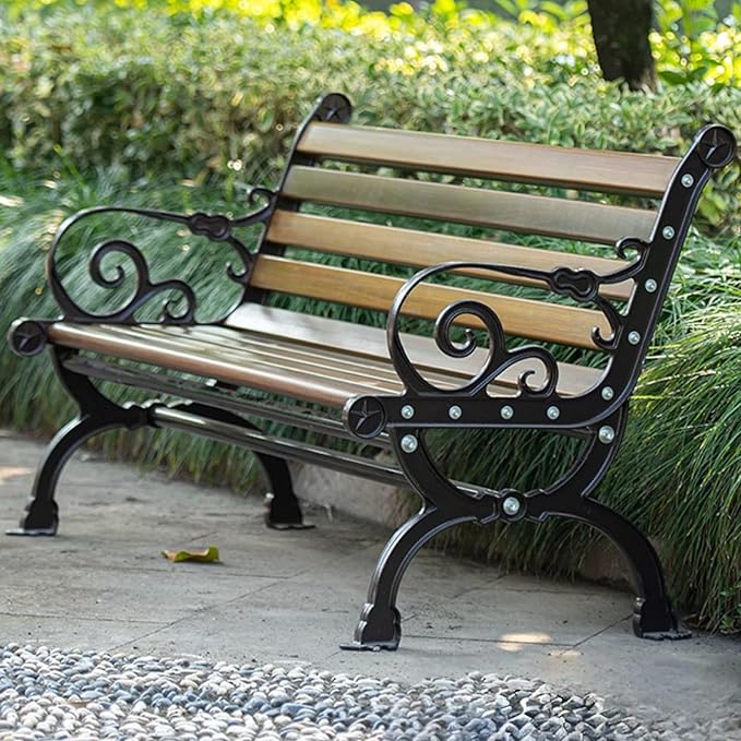 Outdoor Bench, 2-Seater Garden Bench, Metal Bench with Backrest and Armrests, Park Patio Bench with Slatted Wood Seat, for Gardens, Courtyards, Corridor Entrances, Patios(Black,150cm/59in)